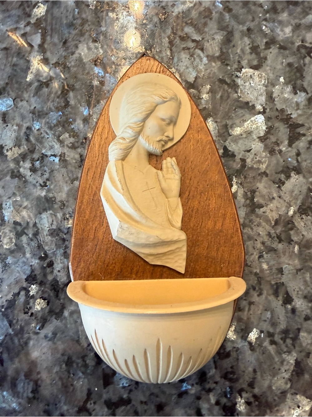 Vintage W.G. Kauders Holy Water Font Jesus wooden wall hanging Germany